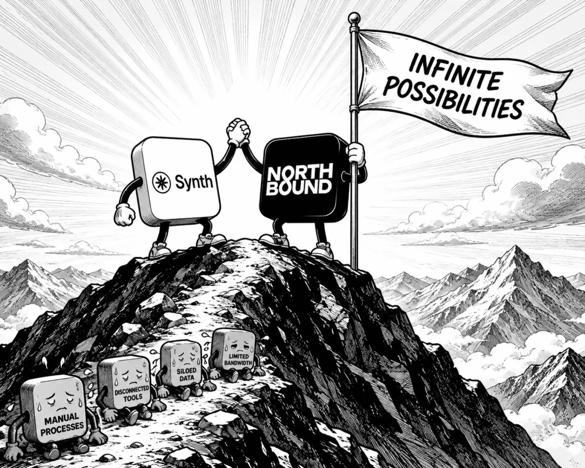 Synth and North Bound reaching the summit past manual processes, disconnected tools, siloed data, and limited bandwidth — toward infinite possibilities